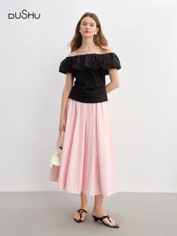 DUSHU Plus Size Women Clothing Simple 3D Pleated Skirt for Plus-sized Women Umbrella Hem Slimming Long Dress 25DS82957+25DS88006