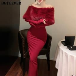 BGTEEVER Autumn Winter Fashion Slash Neck Ladies Skinny Package Hip Sweater Dress Elegant Long Sleeve Female Slim Knitted Dress