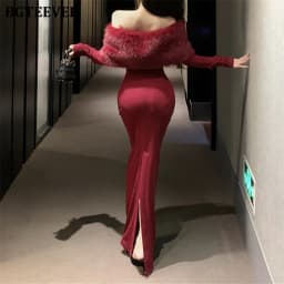 BGTEEVER Autumn Winter Fashion Slash Neck Ladies Skinny Package Hip Sweater Dress Elegant Long Sleeve Female Slim Knitted Dress