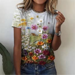 Floral Plants Pattern T-Shirt For Women Flower 3D Printed T Shirts Summer Casual Round Neck Tops Short Sleeves Oversized Tees