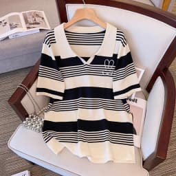 Plus Size Women's Bust 160 Summer Loose Ice Silk Knitted Striped Top Short Sleeve Lapel T-Shirt 5XL 6XL 7XL 8XL 9XL 10XL 170Kg