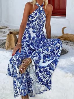 Halter Patchwork Fashion Elegant Party Dress, Women Summer Printing Sleeveless Maxi Dress, 2024 New Simple Backless Ladies Dress