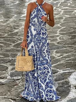 Halter Patchwork Fashion Elegant Party Dress, Women Summer Printing Sleeveless Maxi Dress, 2024 New Simple Backless Ladies Dress