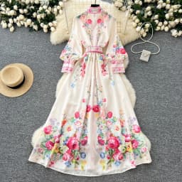 2025 Spring Fashion Gorgeous Long Dress Women Clothing Stand Long Lantern Sleeve Floral Print Single Breasted Belt Maxi Vestidos