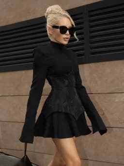 Sexy Long Sleeves Waist Sparkle Diamonds A-line Dress Women Black Patchwork Luxury Crystal Mini Dresses Celebrity Party Evening