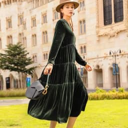 2026 Autunm and Winter women long sleeve velvet dress,Fashion elegant long maxi ruffled pleated velour dress party Vestidos