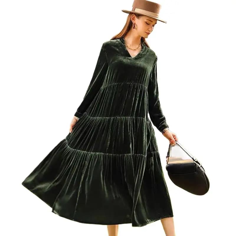 2026 Autunm and Winter women long sleeve velvet dress,Fashion elegant long maxi ruffled pleated velour dress party Vestidos