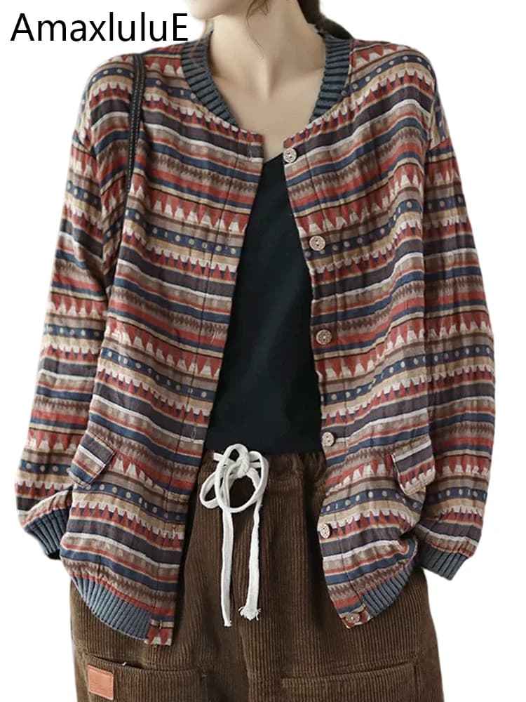 Amax LuluE 2025 Summer Womens Striped Jackets Japan Style Linen Printed Coats Ladies Vintage Loose Clothes Buttons Basic Jacket