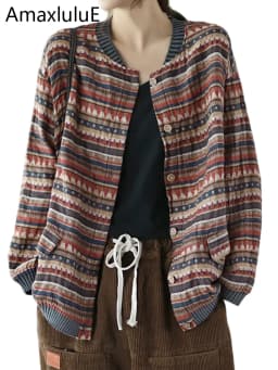 Amax LuluE 2025 Summer Womens Striped Jackets Japan Style Linen Printed Coats Ladies Vintage Loose Clothes Buttons Basic Jacket