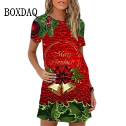Cute Christmas Red Snowman Print Women Dress Summer Sundres Ladies Mini Dress Colored Christmas Tree Snowman Casual A-Line Dress