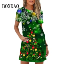 Cute Christmas Red Snowman Print Women Dress Summer Sundres Ladies Mini Dress Colored Christmas Tree Snowman Casual A-Line Dress