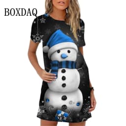 Cute Christmas Red Snowman Print Women Dress Summer Sundres Ladies Mini Dress Colored Christmas Tree Snowman Casual A-Line Dress