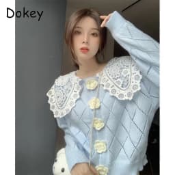Vintage Hollow Out Peter Pan Collar Patchwork Sweaters Cardigans Women Autumn Sweet Preppy Flower Button Kawaii Knitted Jackets
