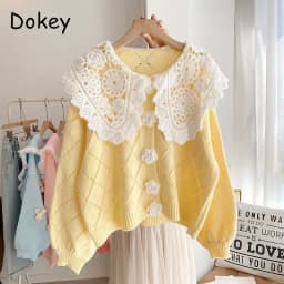 Vintage Hollow Out Peter Pan Collar Patchwork Sweaters Cardigans Women Autumn Sweet Preppy Flower Button Kawaii Knitted Jackets