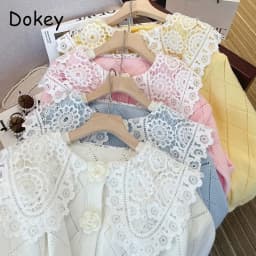 Vintage Hollow Out Peter Pan Collar Patchwork Sweaters Cardigans Women Autumn Sweet Preppy Flower Button Kawaii Knitted Jackets