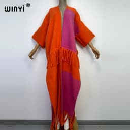 WINYI New Africa Winter Women Tassel Cardigan Coat Loose Christmas Dress Robe Longue Thick Warm Free Size Orange Printing Kaftan