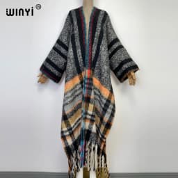 WINYI New Africa Winter Women Tassel Cardigan Coat Loose Christmas Dress Robe Longue Thick Warm Free Size Orange Printing Kaftan