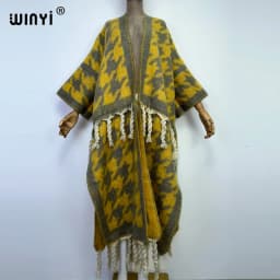 WINYI New Africa Winter Women Tassel Cardigan Coat Loose Christmas Dress Robe Longue Thick Warm Free Size Orange Printing Kaftan