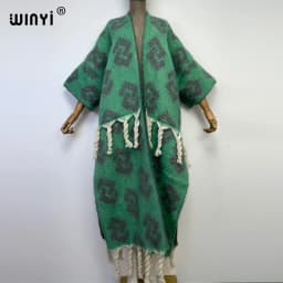 WINYI New Africa Winter Women Tassel Cardigan Coat Loose Christmas Dress Robe Longue Thick Warm Free Size Orange Printing Kaftan