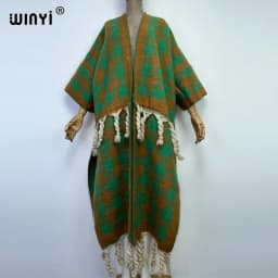WINYI New Africa Winter Women Tassel Cardigan Coat Loose Christmas Dress Robe Longue Thick Warm Free Size Orange Printing Kaftan