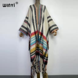 WINYI New Africa Winter Women Tassel Cardigan Coat Loose Christmas Dress Robe Longue Thick Warm Free Size Orange Printing Kaftan