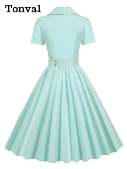 Tonval Pink Solid Cotton Long Robe Button Up Plain Vintage Elegant Women Short Sleeve Belted Pleated Midi Swing Dresses