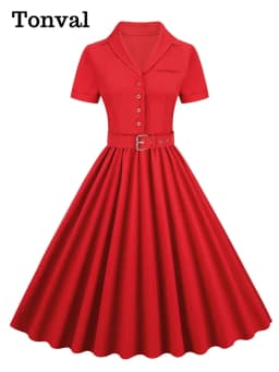 Tonval Pink Solid Cotton Long Robe Button Up Plain Vintage Elegant Women Short Sleeve Belted Pleated Midi Swing Dresses