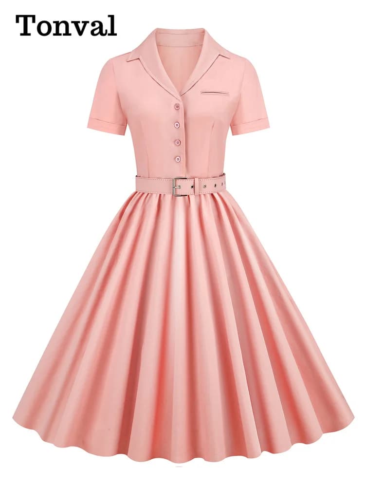 Tonval Pink Solid Cotton Long Robe Button Up Plain Vintage Elegant Women Short Sleeve Belted Pleated Midi Swing Dresses
