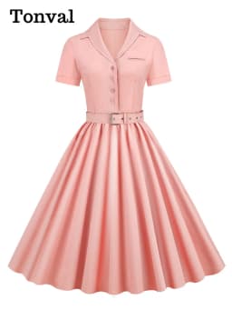 Tonval Pink Solid Cotton Long Robe Button Up Plain Vintage Elegant Women Short Sleeve Belted Pleated Midi Swing Dresses