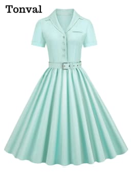 Tonval Pink Solid Cotton Long Robe Button Up Plain Vintage Elegant Women Short Sleeve Belted Pleated Midi Swing Dresses