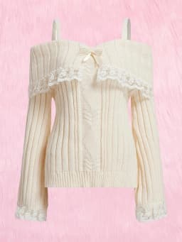 Women Long Sleeve Contrast Lace Knit Pullovers Autumn Winter Cold Shoulder Sweaters Bow Front Jumper Tops Beige/Pink