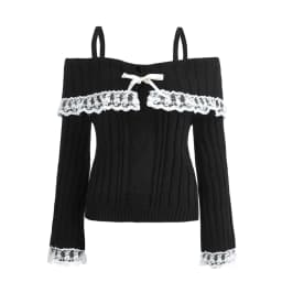 Women Long Sleeve Contrast Lace Knit Pullovers Autumn Winter Cold Shoulder Sweaters Bow Front Jumper Tops Beige/Pink