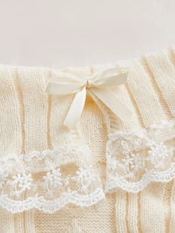 Women Long Sleeve Contrast Lace Knit Pullovers Autumn Winter Cold Shoulder Sweaters Bow Front Jumper Tops Beige/Pink