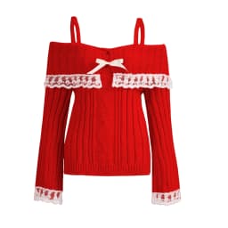 Women Long Sleeve Contrast Lace Knit Pullovers Autumn Winter Cold Shoulder Sweaters Bow Front Jumper Tops Beige/Pink