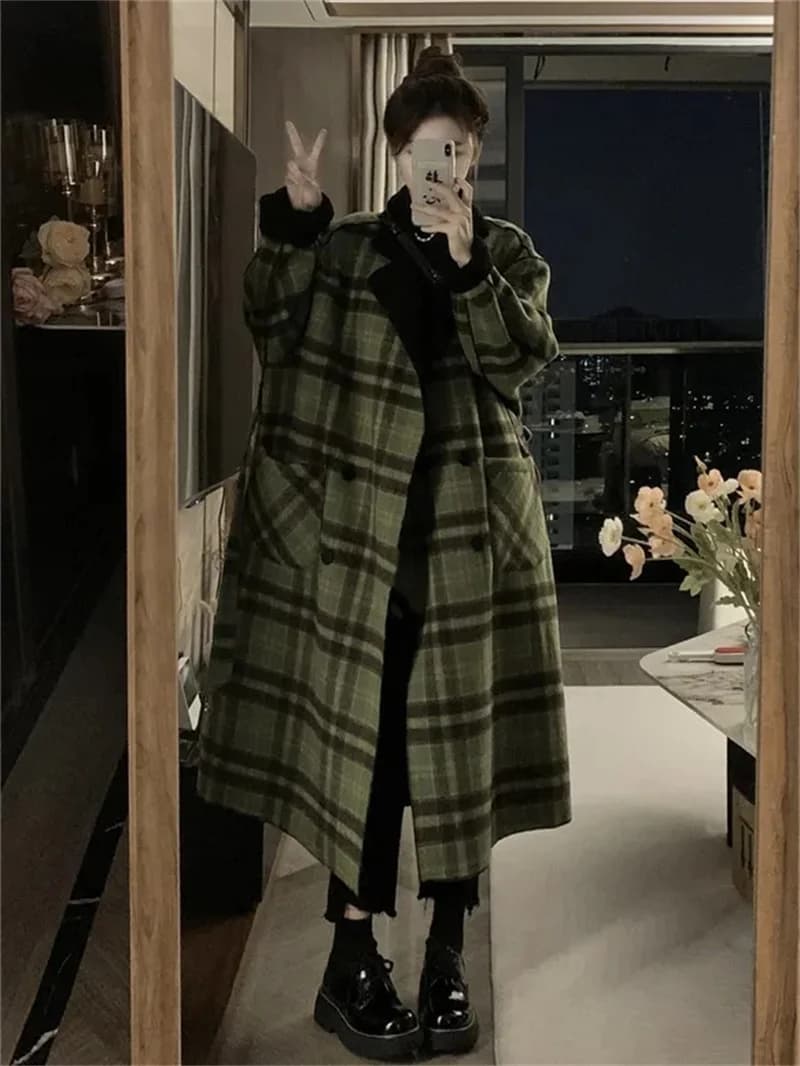 Retro Loose Simple Slim Plaid Medium Long Coat Women's Winter 2023 New Thickened Loose Double Wear Long Sleeve Woolen Coat
