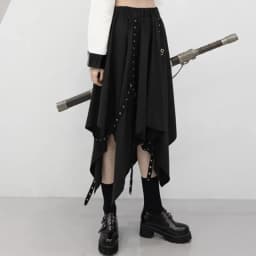Long Skirt Irregular Skirt Girl's New Dark Tie Street Punk Wind Weave Buckle Medium-length Y2k Gothic Skirt