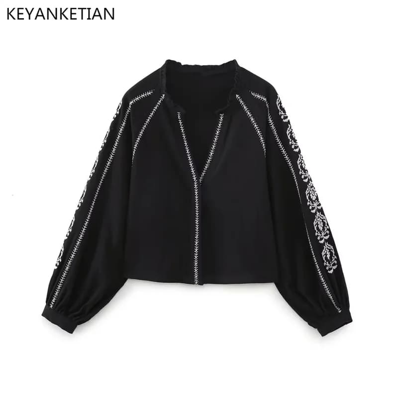 KEYANKETIAN Spring New Ethnic Style Embroidered Lantern Sleeve Black Shirt Women's V-Neck Long-Sleeved Pullover Smock
