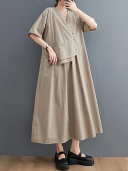 Khaki Vintage Patchwork Summer New In Dresses For Women Korean Fashion Short Sleeve Loose Casual Long Dress Elegant Clothes 2026
