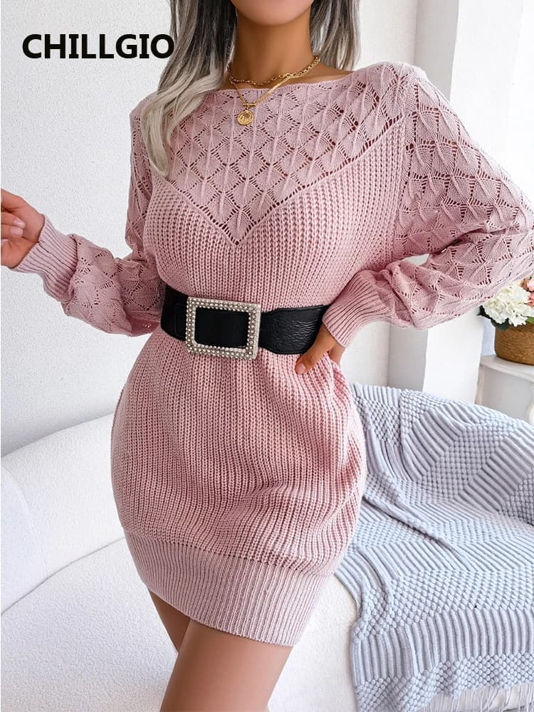 CHILLGIO Women Knitted Dress Winter Fashion Chic Solid Long Sleeves Autumn Vestidos Casual Warm Elastic Knitting Sweater Dresses