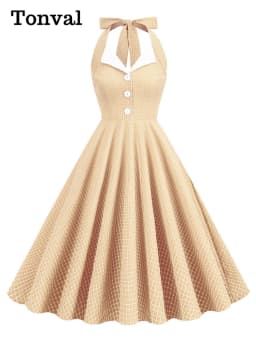 Tonval Button Up Plaid Vintage Fit and Flare Dress Summer Women Pinup Robe Halter Backless Evening Party Pockets Dresses