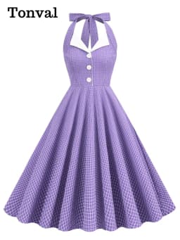 Tonval Button Up Plaid Vintage Fit and Flare Dress Summer Women Pinup Robe Halter Backless Evening Party Pockets Dresses
