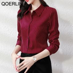 QOERLIN High End Striped Shirt Female OL Formal Temperament Long Sleeve Tops Blouse Women Turn-Down Collar Loose Casual Blusas