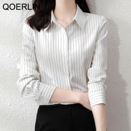 QOERLIN High End Striped Shirt Female OL Formal Temperament Long Sleeve Tops Blouse Women Turn-Down Collar Loose Casual Blusas