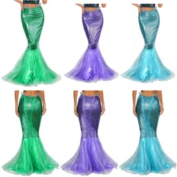 Halloween Costumes Women Mermaid Tail Dress Up Party Shiny Metallic Fishtail Long Maxi Skirts Mermaid Role Play Cosplay Gown