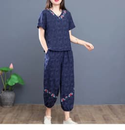 Women's Panties Set New Summer Short Sleeve V Neck Crop Top Outfit Sets For Women Vintage Middle Aged Mother Two Piece Suit 4xl