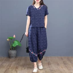 Women's Panties Set New Summer Short Sleeve V Neck Crop Top Outfit Sets For Women Vintage Middle Aged Mother Two Piece Suit 4xl