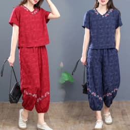 Women's Panties Set New Summer Short Sleeve V Neck Crop Top Outfit Sets For Women Vintage Middle Aged Mother Two Piece Suit 4xl