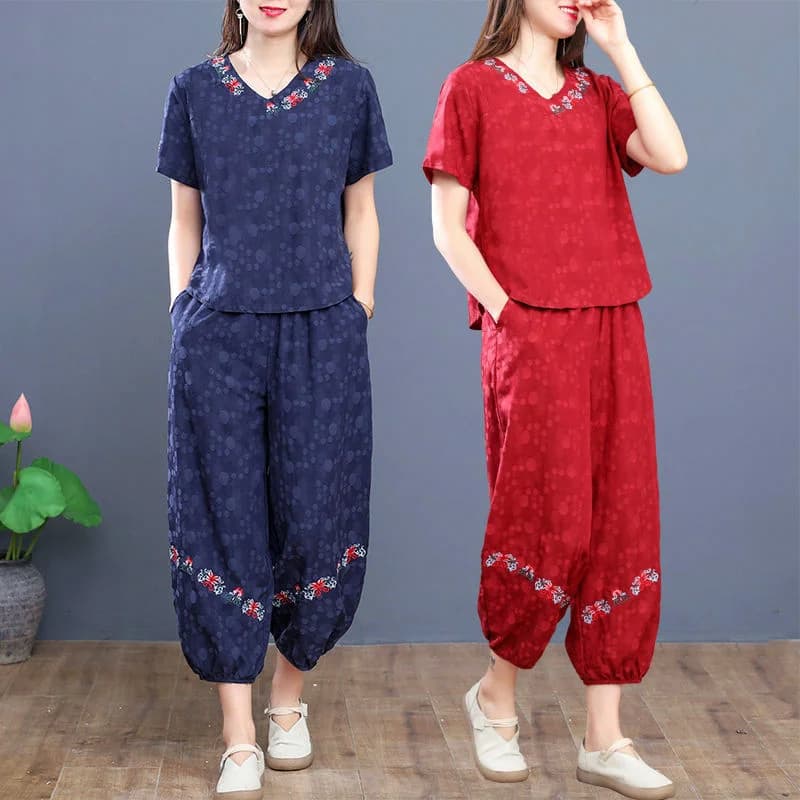 Women's Panties Set New Summer Short Sleeve V Neck Crop Top Outfit Sets For Women Vintage Middle Aged Mother Two Piece Suit 4xl