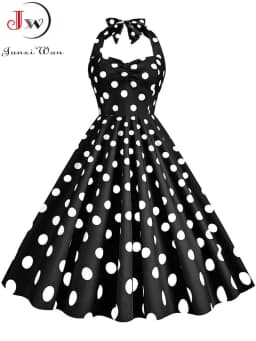 Black Polka Dot Print Vintage Dress for Women Summer Sexy Halter Elegant Party Prom Midi Sundress