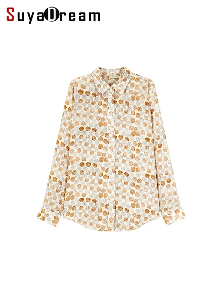 SuyaDreamm, Woman Dots Printed Shirts, 100%Silk Crepe, Turn Down Collar Blouses, 2026 Spring Summer Elegant Top